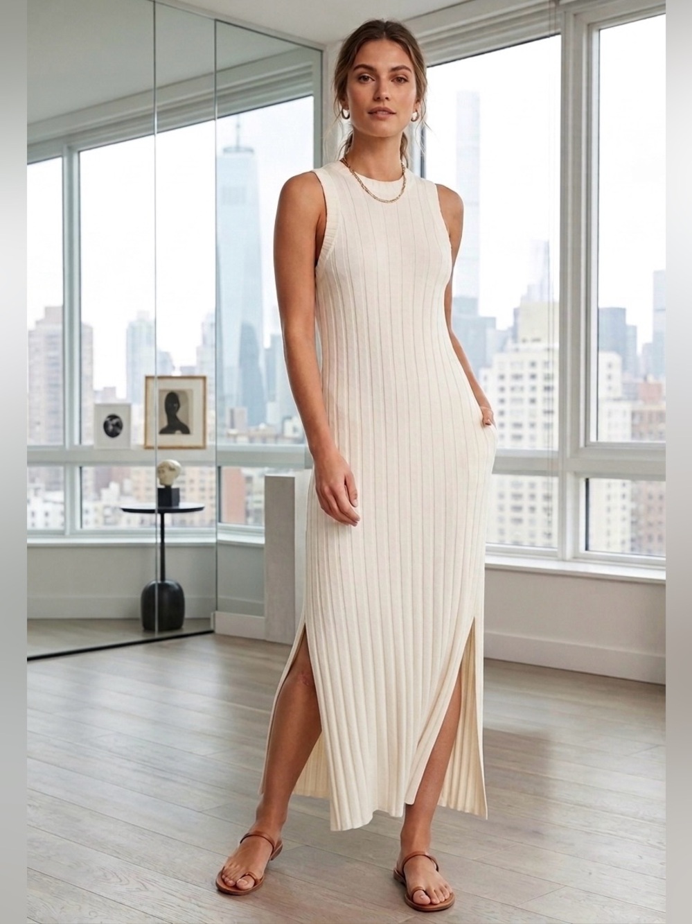 H&M Ribbed Knit Maxi Dress – Cream, Size Small